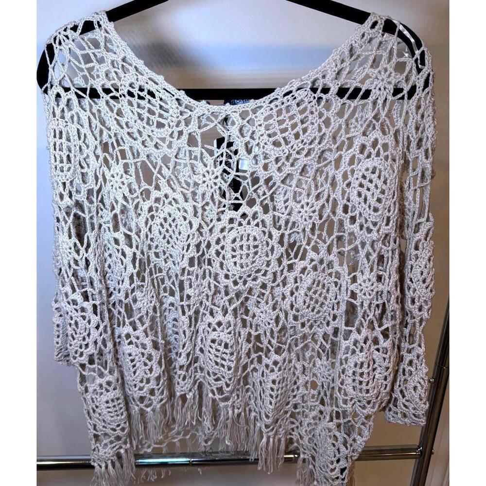 Le Château Crochet Knit Top with Fringe SIZE L